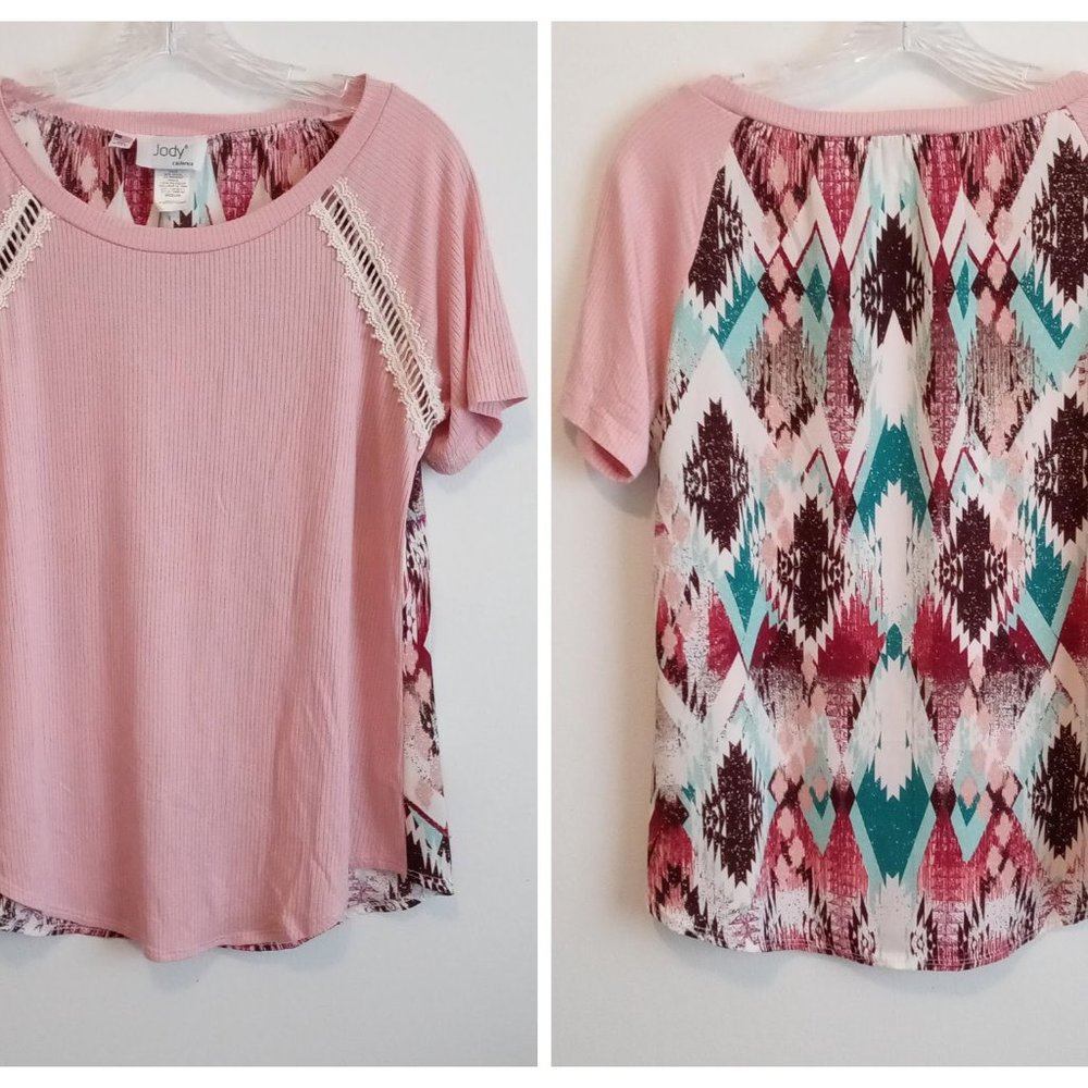 Jody California Western Pink Aztec Print Short Sleeve Top Medium